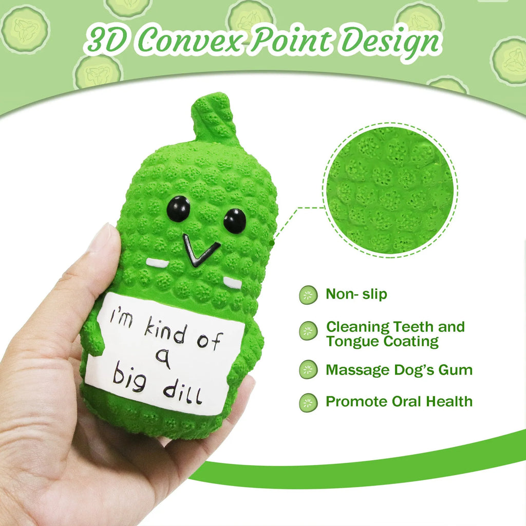 Green pickle-shaped latex dog chew toy with textured surface and squeaker