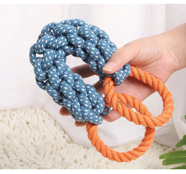 Blue double-ring cotton knot dog toy on white background, 37cm long