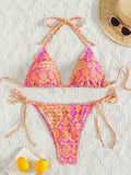 Women's bandage-style split bikini swimsuit with printing and stitching detail in multiple colours