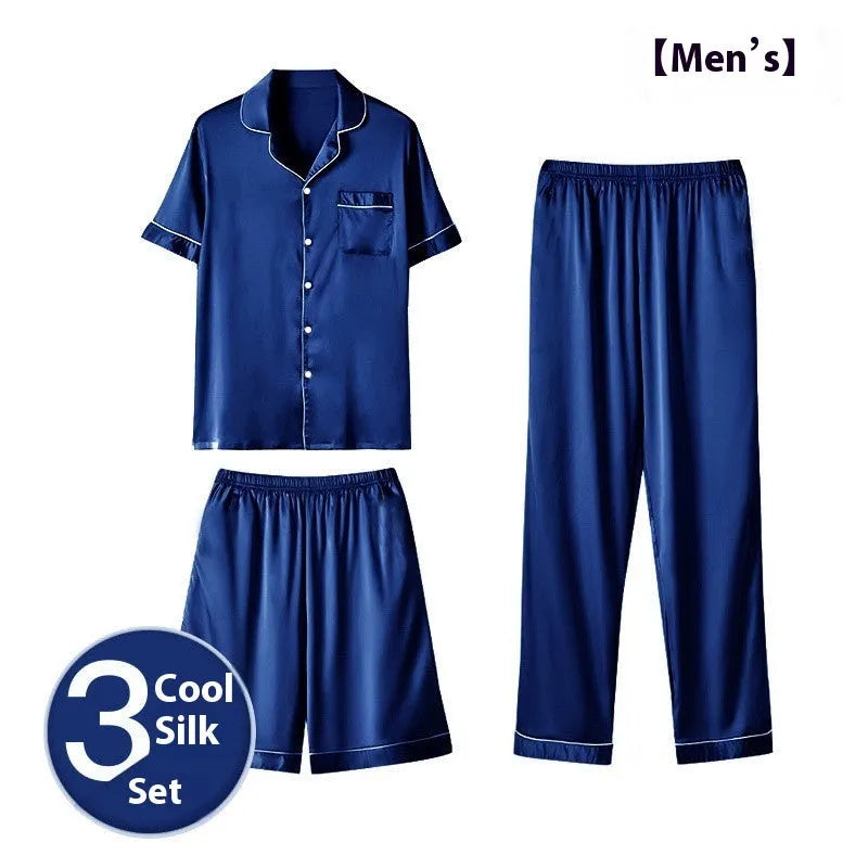 Men's thin ice silk three-piece homewear suit set in a choice of colours on a hanger