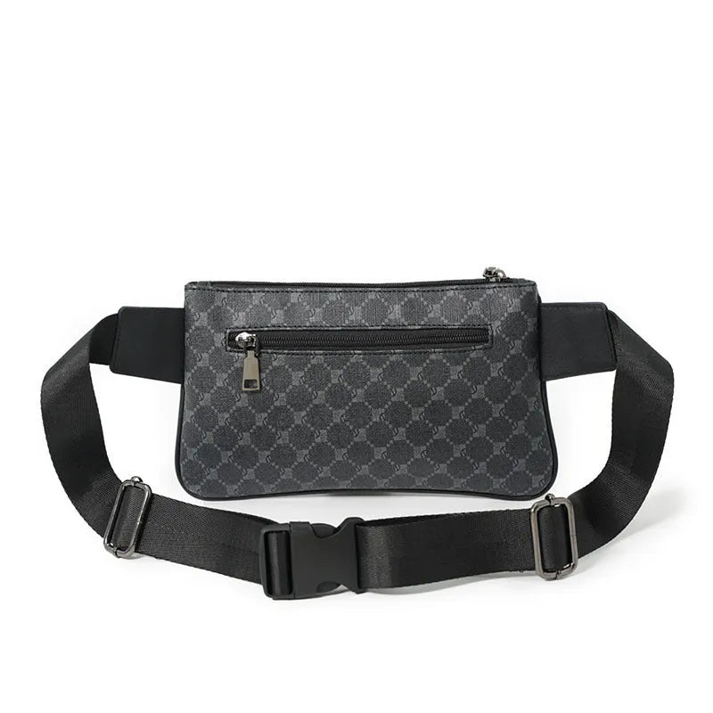 Men's patterned black PU leather waterproof crossbody chest bag with adjustable strap