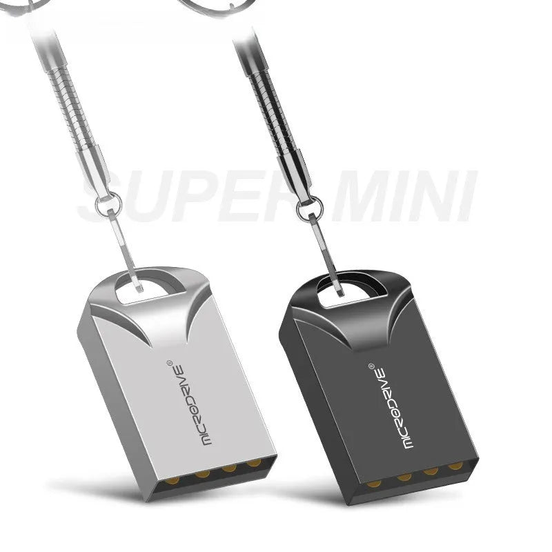 Mini metal USB flash drive in black and silver showing compact 23x12x8mm dimensions