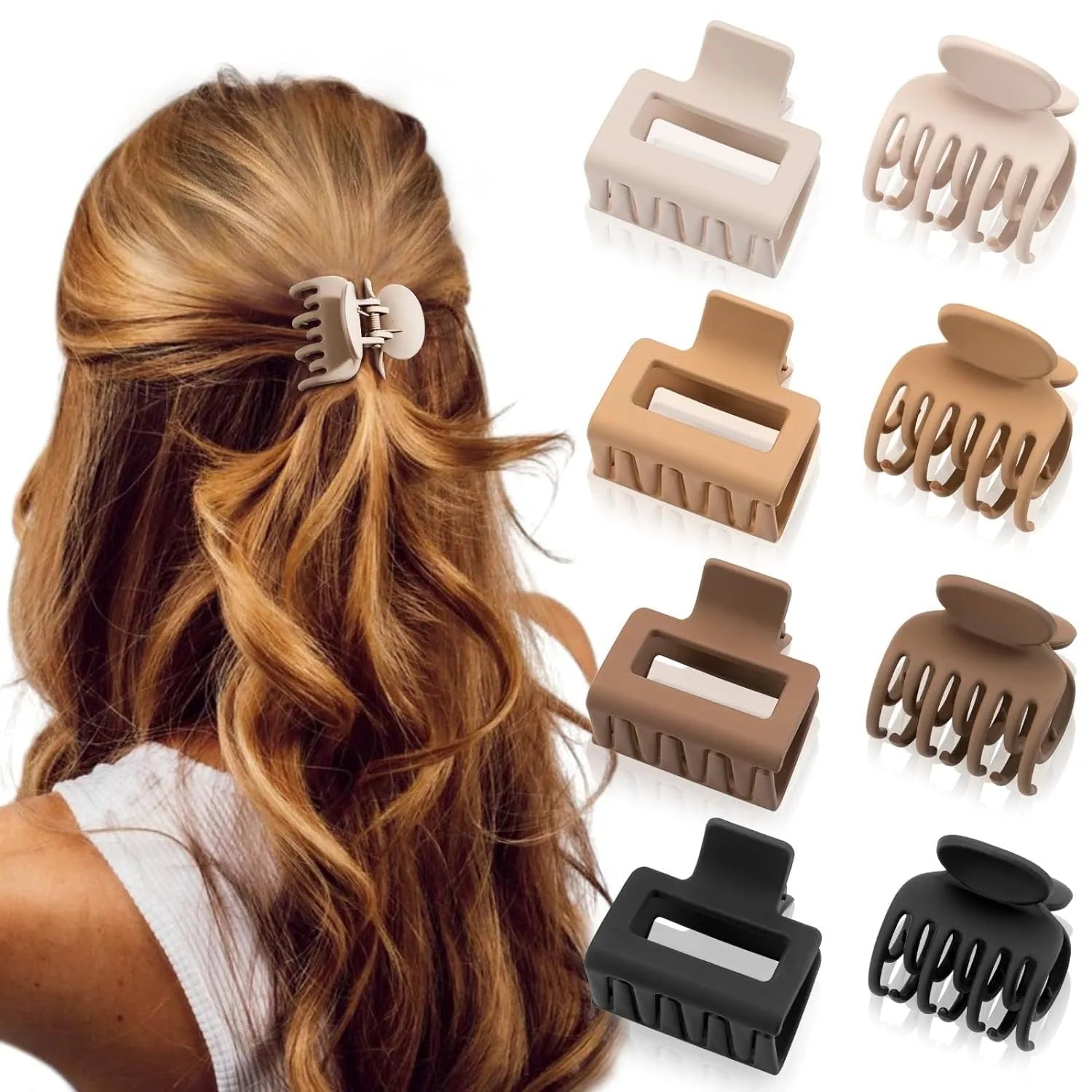Six plastic hair clips with frosted grip and quadrilateral design in nude and rose red colours