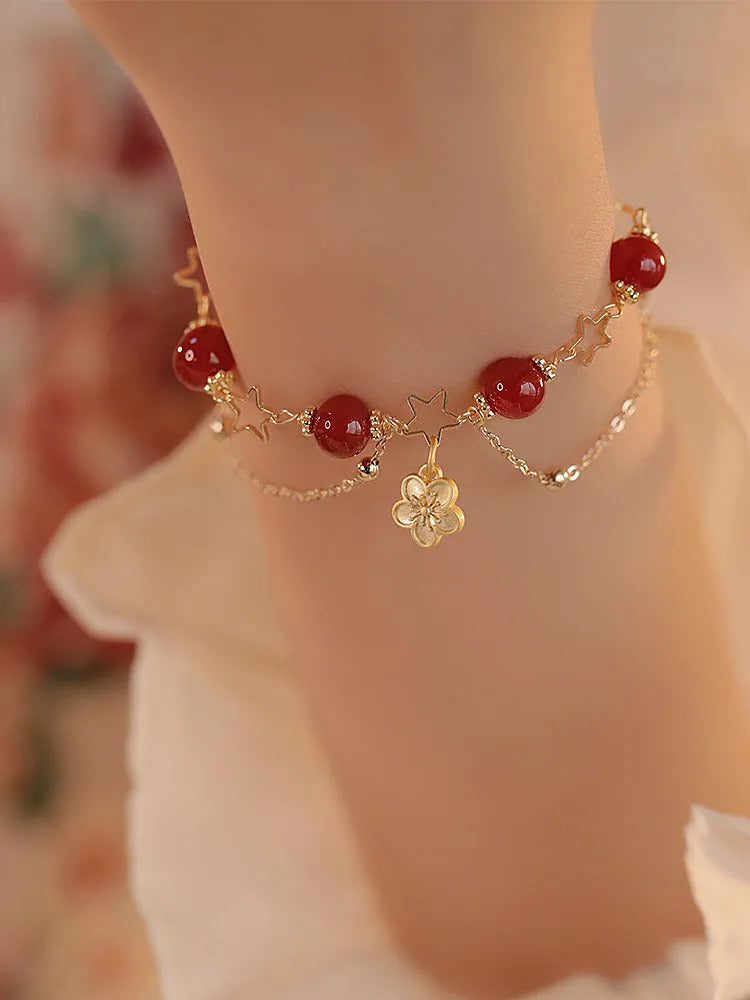 Red agate double-layer women's bracelet with carved peach blossom floral patterns