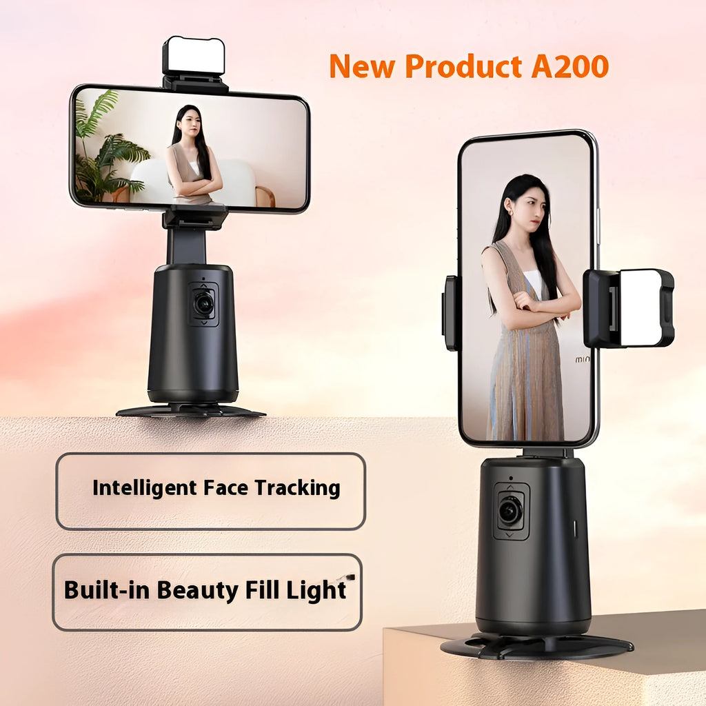 Black intelligent desktop bracket with auto-rotating camera head and RGB ribbon lights.