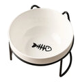White ceramic cat bowl with paw print design in a black iron cat-ear frame.