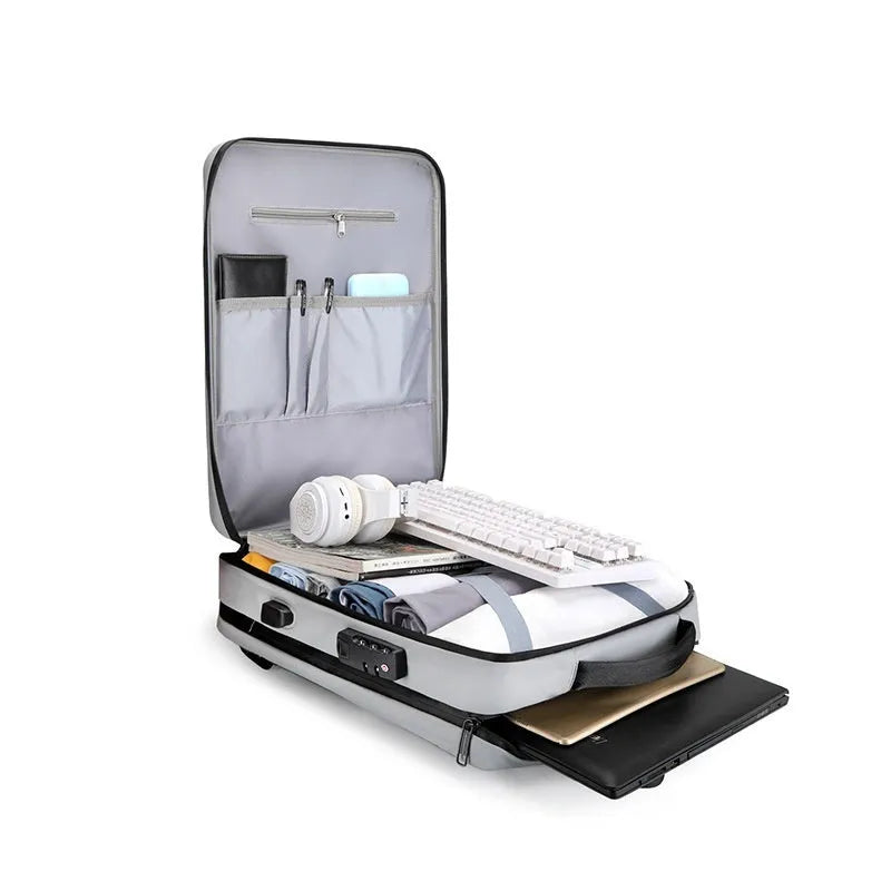 Men's waterproof business backpack in black and silver white colours showing curved shoulder straps and splicing design elements