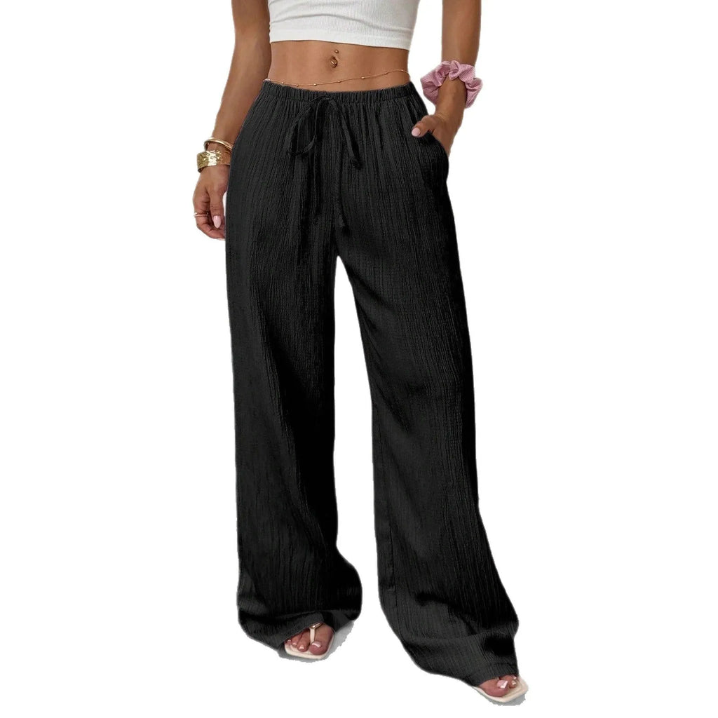 Women's black wide-leg trousers with lace-up waist trimming, casual mid-rise fit