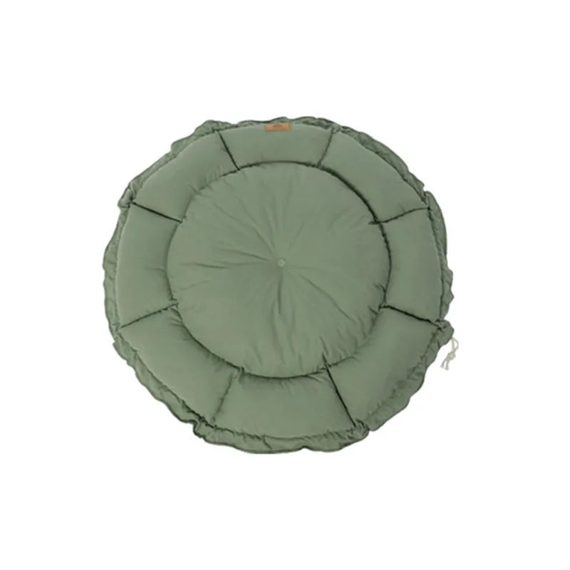 Grey and green reversible donut cat bed for indoor pets in small, medium, large sizes.