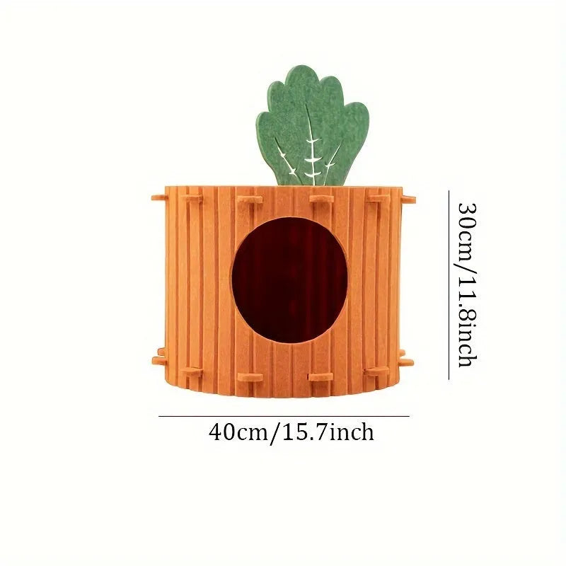 Carrot-orange semi-enclosed felt cat tunnel nest for play and sleeping.