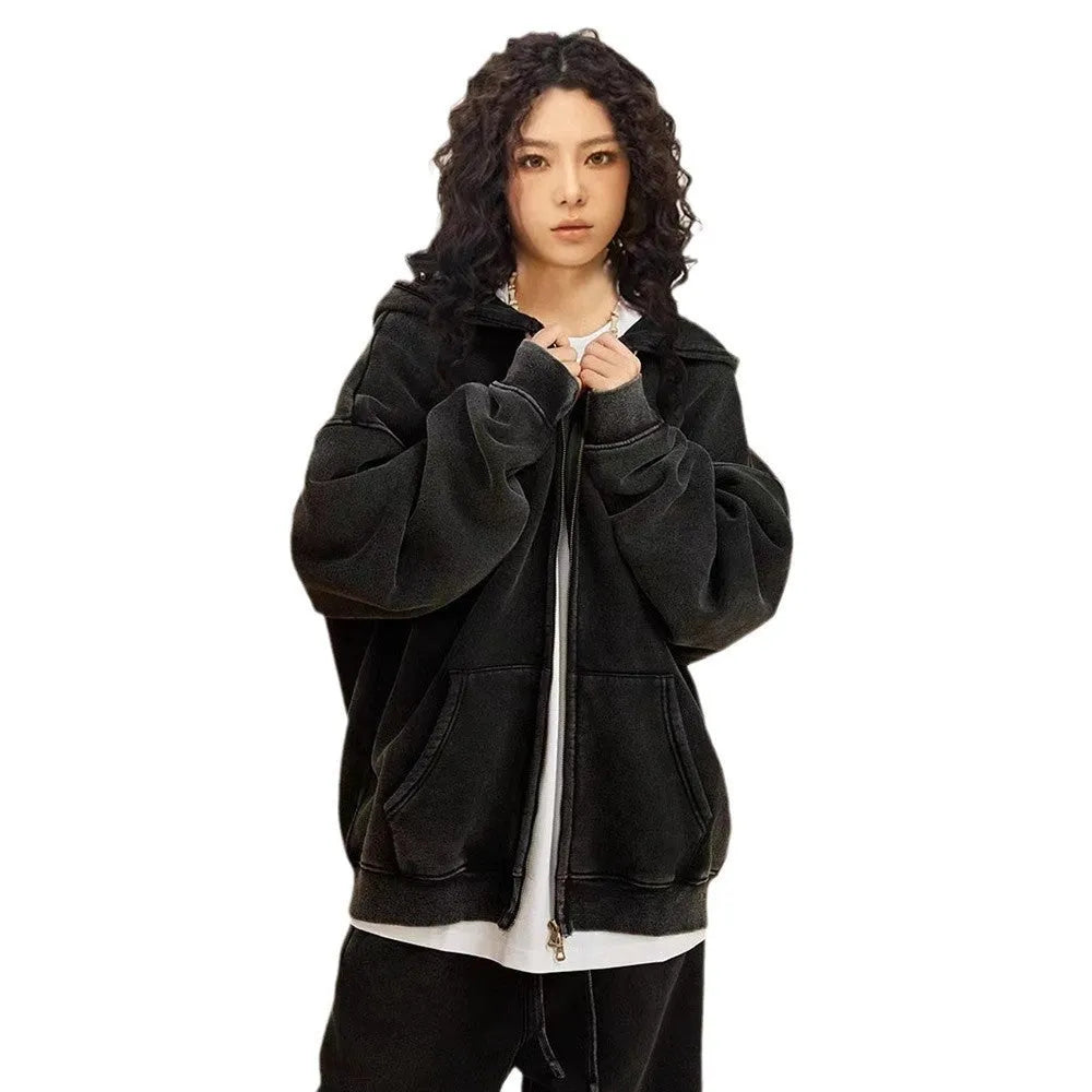 Men's washed hooded cardigan in dark green with fleece lining and double zipper