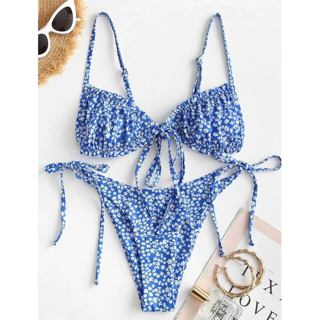 Printed multi-rope banded bikini for women pullover style lapel collar short sleeves polyester blue pink