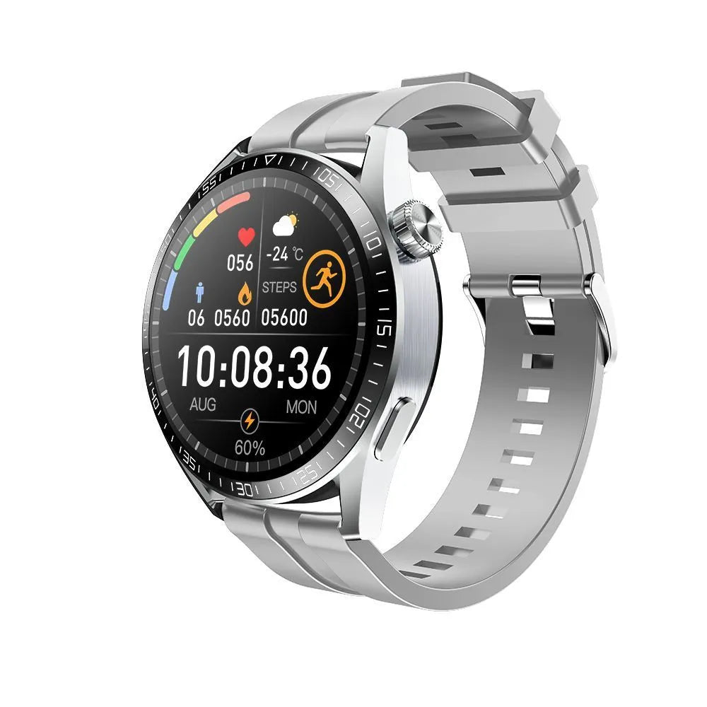 GS3 Max black smart watch with silicone strap showing health stats on screen