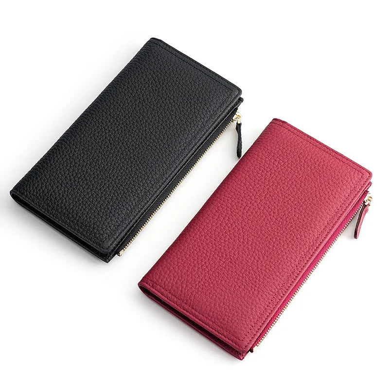 Women's cowhide anti-magnetic long wallet in black with multiple card slots and RFID blocking