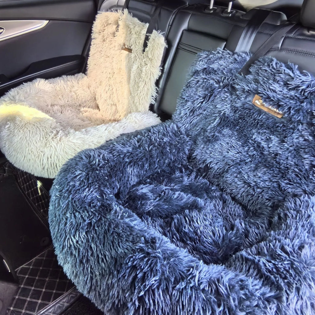 Beige cloth pet mat for car seats, shown on a vehicle seat with a dog.