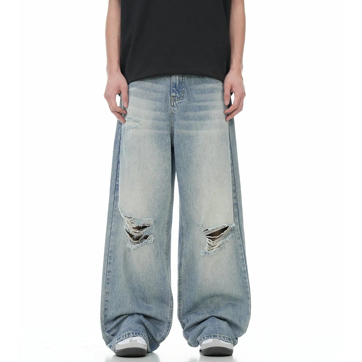 Blue men's straight-leg jeans with ripped detailing on a cotton blend fabric