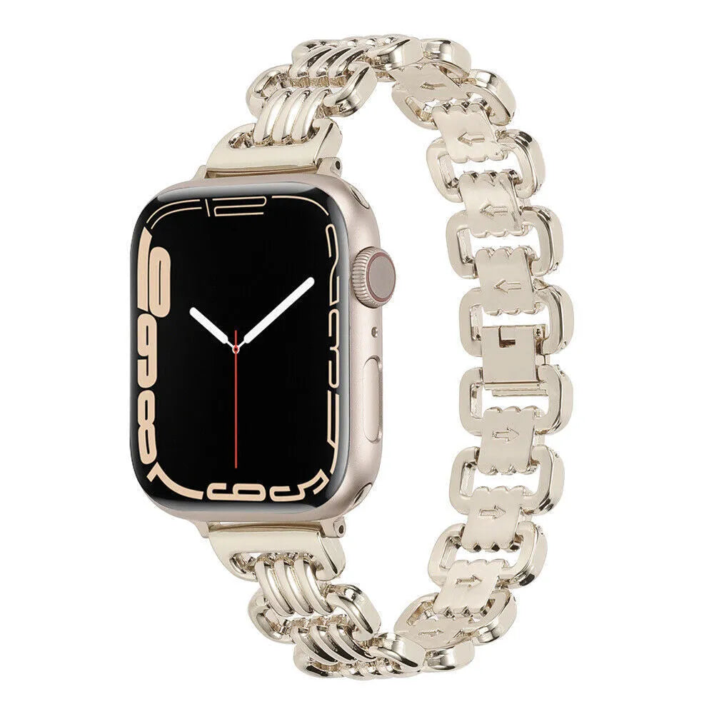 Alloy metal Apple Watch bracelet in silver, black, gold, rose gold and Starlight colours for 38mm to 49mm cases.