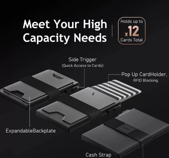 Black ultra-thin nylon card box with expansion slots and anti-theft RFID protection, 90x60x14mm