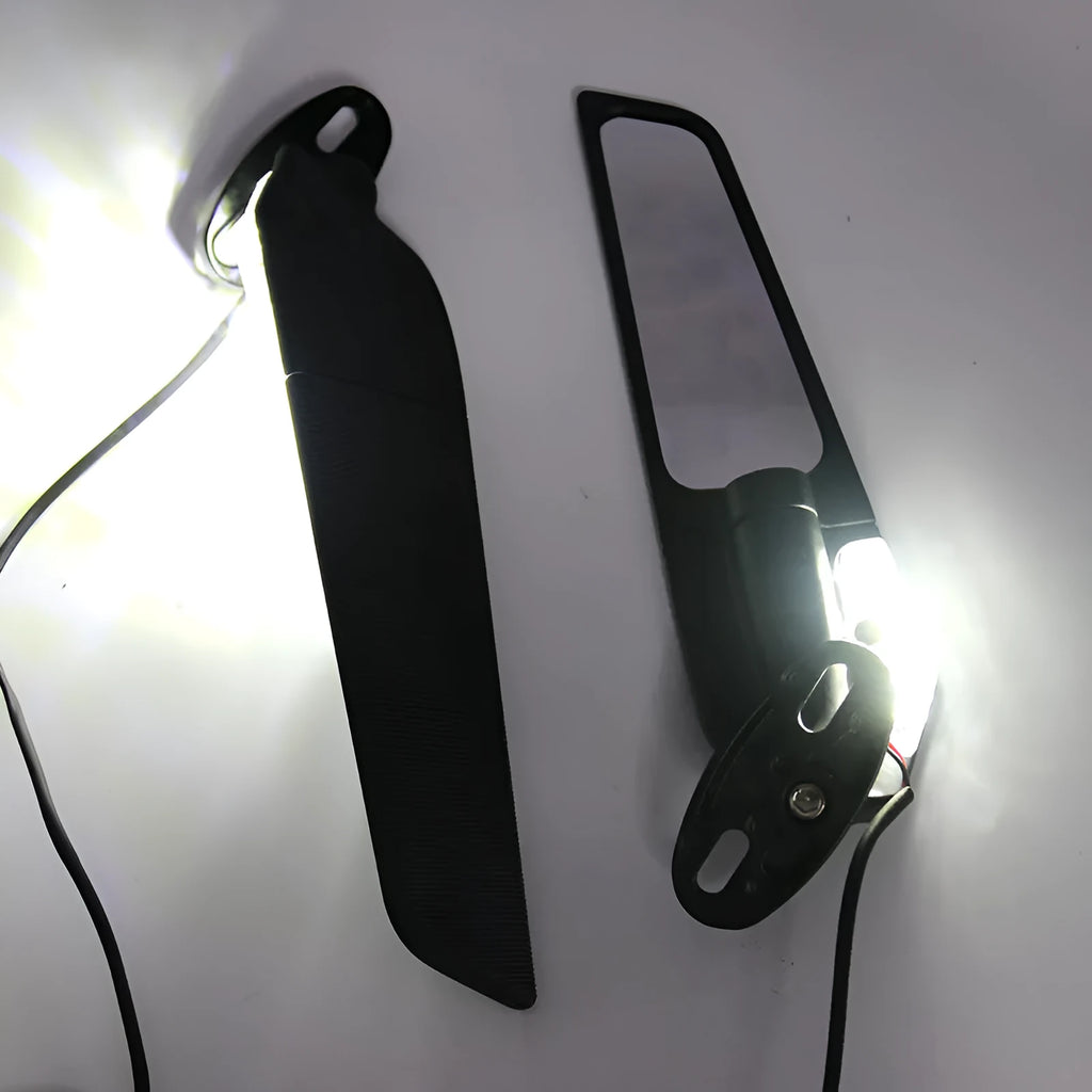Pair of die-cast aluminium motorcycle spoiler rearview mirrors with integrated yellow safety lights.