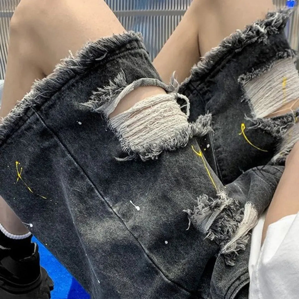 Men's water washed denim shorts with distressed holes, loose street style fit in light blue colour