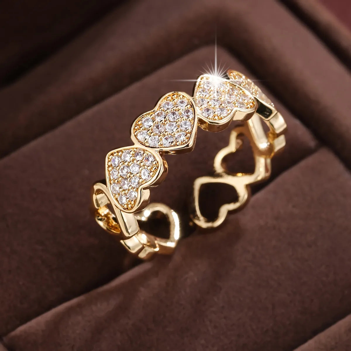Adjustable opening gold colour couples ring with love heart design and diamond texture