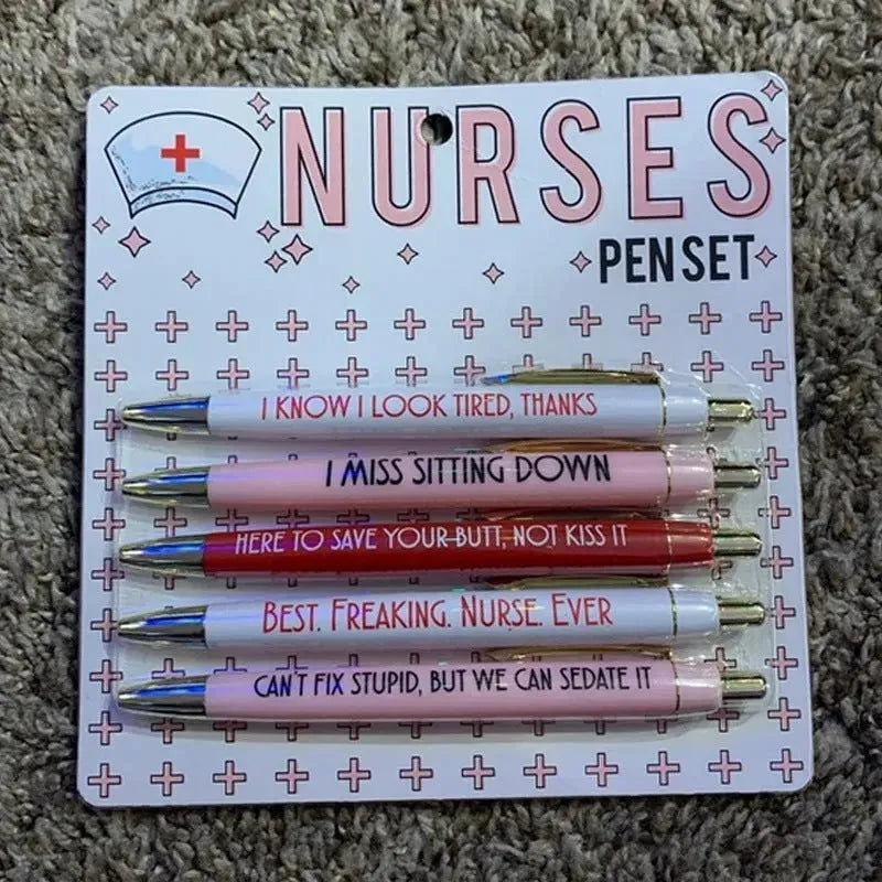 Set of five blue and white nurse-themed retractable ballpoint pens.