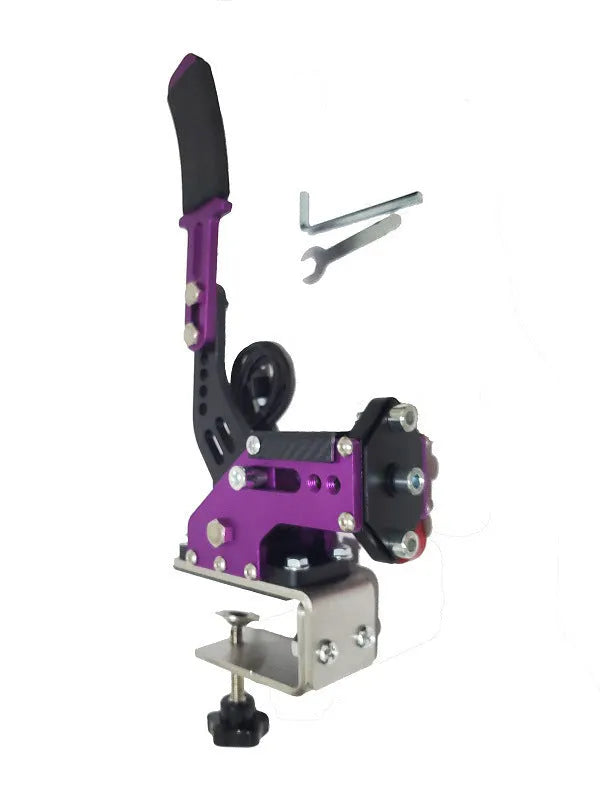 USB sequential handbrake controller for sim racing in black, blue, purple, red, or yellow with mounting clamp.