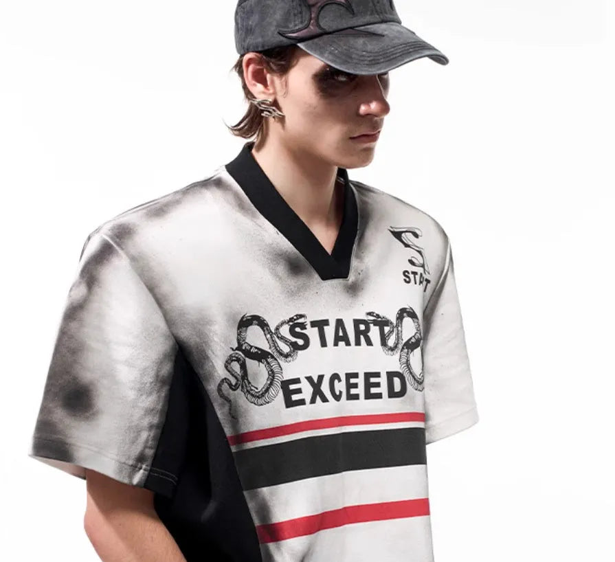 Korean style V-neck top with snake pattern lettering print and padded shoulder details
