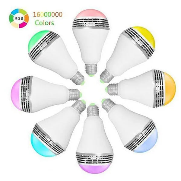 White E27 smart bulb with Bluetooth speaker and LED lights, 100mm diameter.