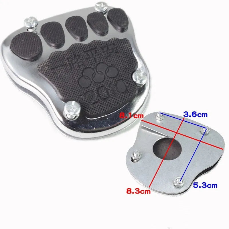 Metal motorcycle brake pedal skid plate showing three style options for universal fit