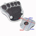 Metal motorcycle brake pedal skid plate showing three style options for universal fit