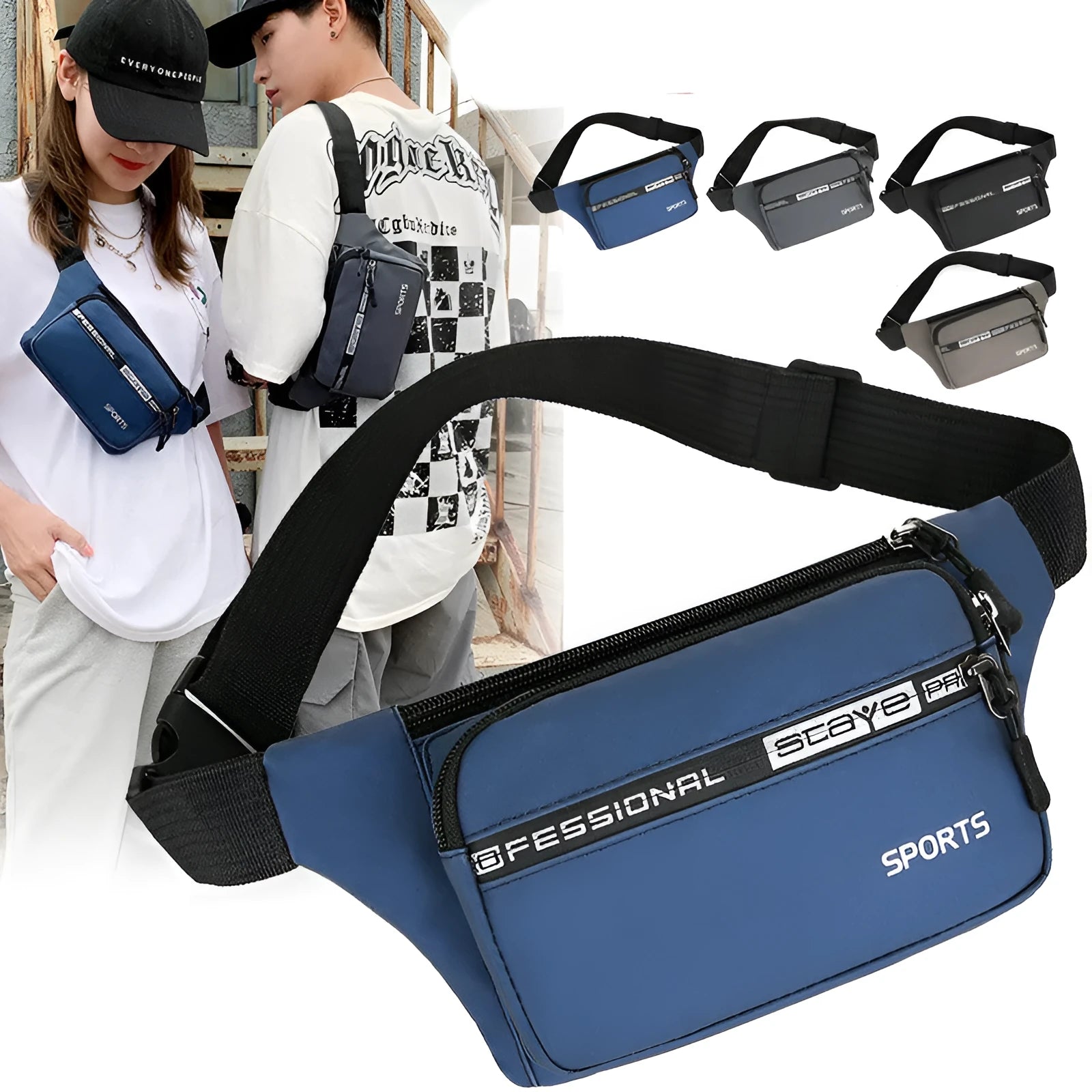 Men's high capacity Oxford cloth waist bag with zip closure and mobile phone pocket in light grey