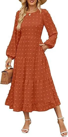 Women's beige high-waist long sleeve dress with ruffled sleeves on a hanger.