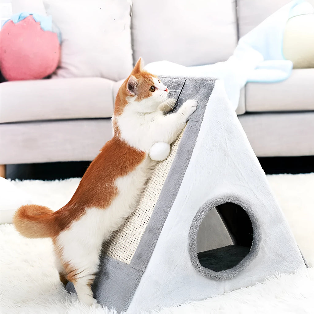 Triangular cat scratching post with sisal surfaces and soft plate fur bed in grey and white colour
