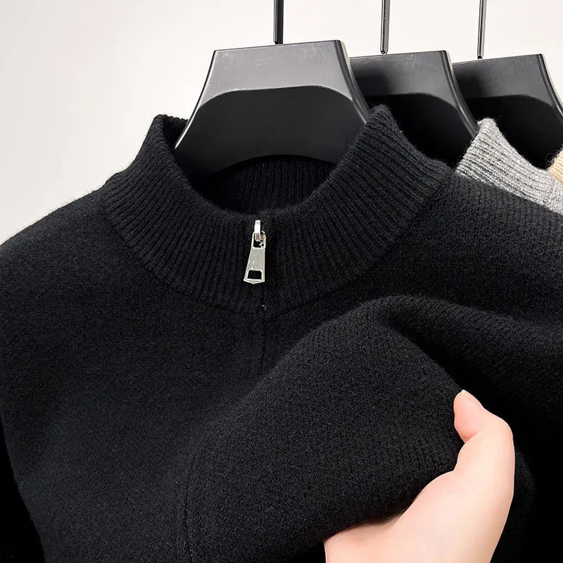 Men's stand collar knitted cardigan with front zipper in loose fit casual style