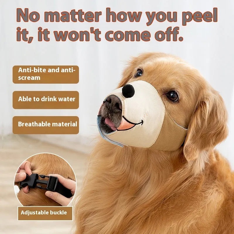 Canvas dog mouth cover muzzle in Ollie Brown Bear colour, shown alongside Bondi Blue Shark option.