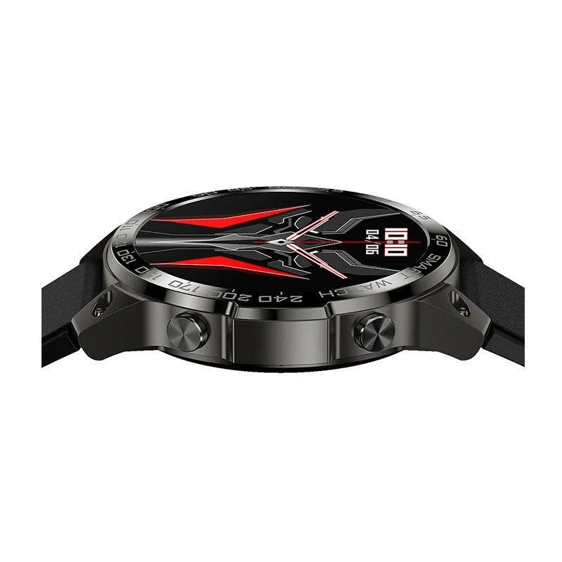 Round Bluetooth sports watch with AMOLED always-on display and silicone strap on a wrist.