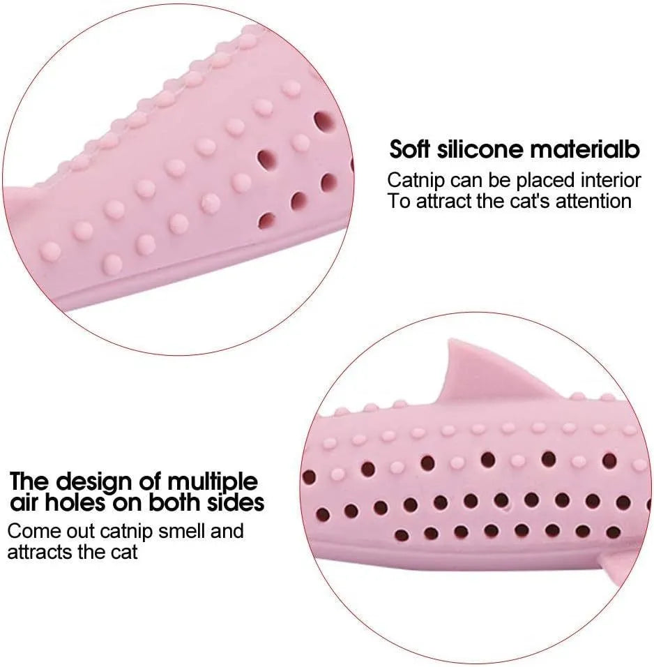 Silicone fish-shaped cat chew toy with side holes for catnip scent release in green colour