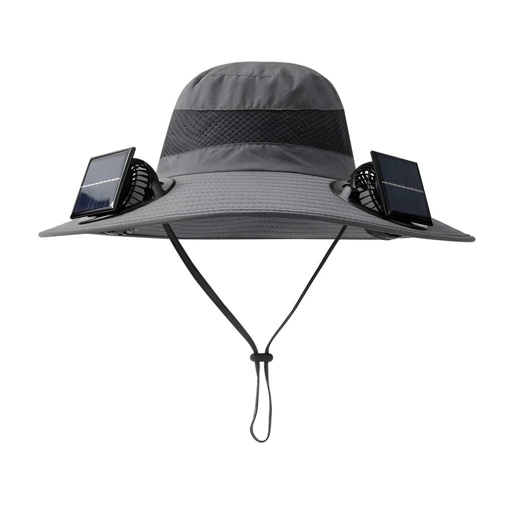 Solar-powered fan hat with integrated cooling fan and rechargeable lithium battery in fishing hat design