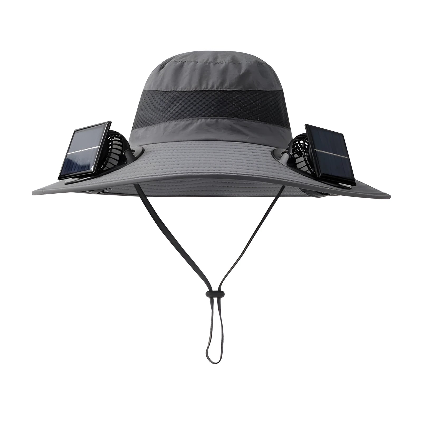 Solar-powered fan hat with integrated cooling fan and rechargeable lithium battery in fishing hat design