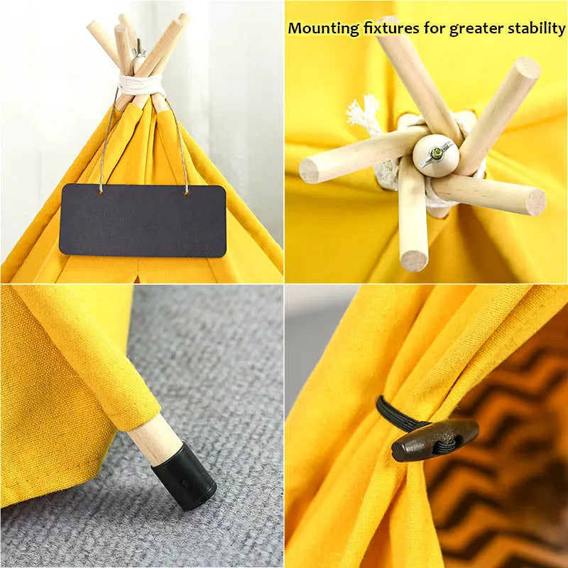 Small striped pet teepee tent with cushion inside for a dog or cat.