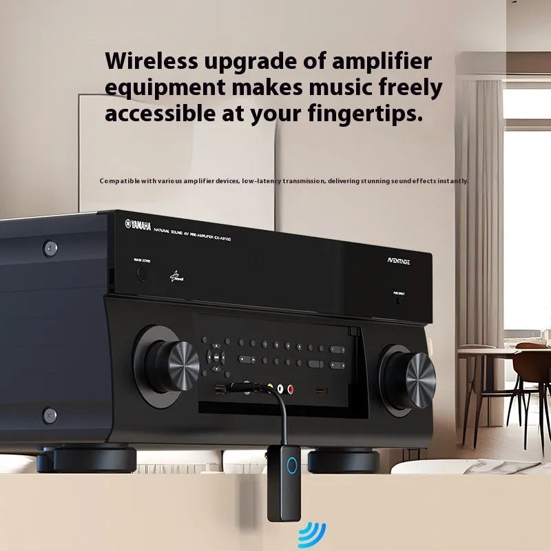 Black Bluetooth 5.4 dual-mode audio adapter with 3.5mm plug for wired to wireless conversion