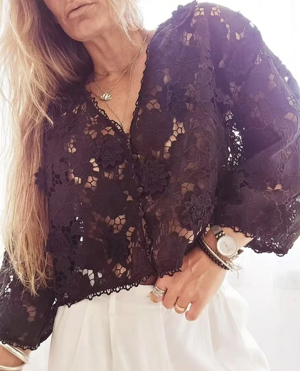 Women's loose lace cardigan with V-neck and three-dimensional flower decoration in black, white or khaki