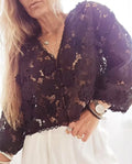 Women's loose lace cardigan with V-neck and three-dimensional flower decoration in black, white or khaki