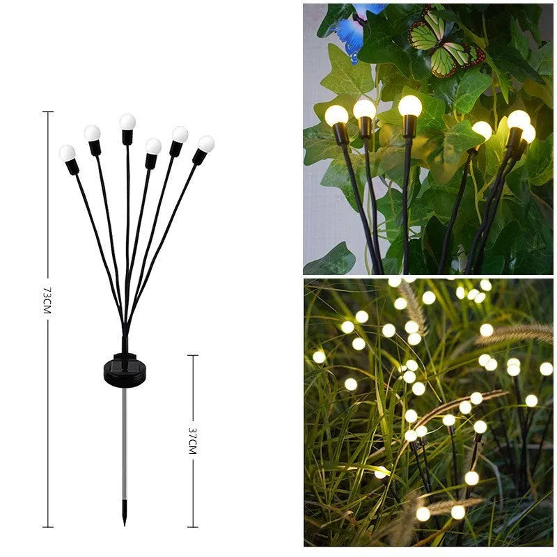 Solar-powered LED firefly ground lamp with multiple heads and ground spike for garden installation