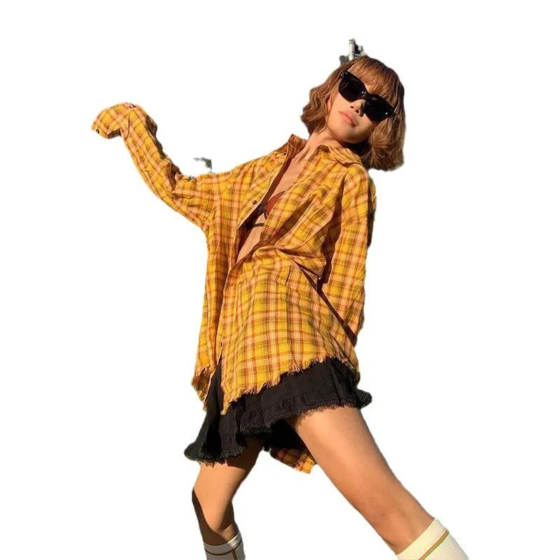 Dopamine yellow plaid shirt in loose cardigan style made from polyester blend fabric