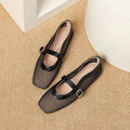 Women's beige mesh summer shoes with square toe, buckle closure, and low flat heel.