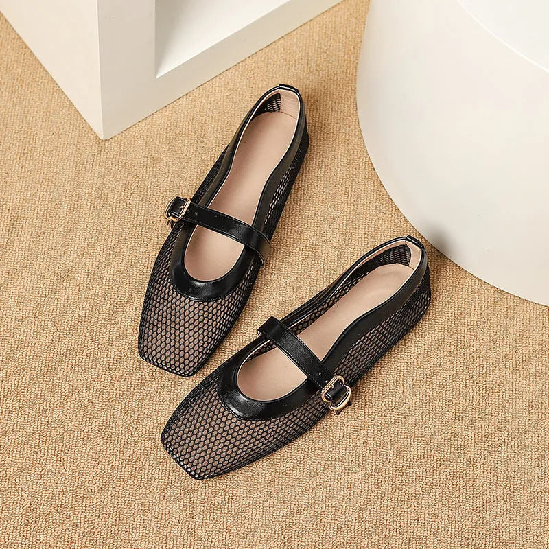Women's beige mesh summer shoes with square toe, buckle closure, and low flat heel.
