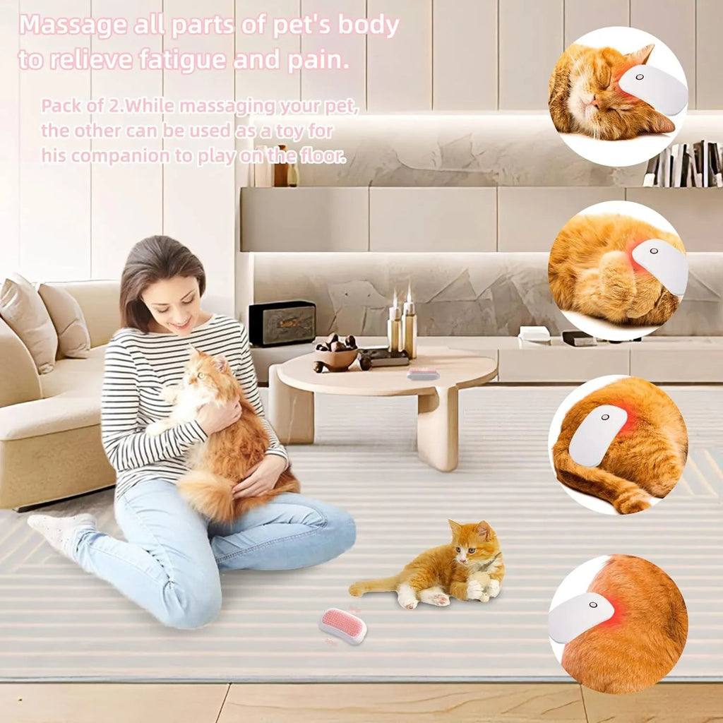 Pink handheld electric pet grooming brush with TPE comb teeth on a white background