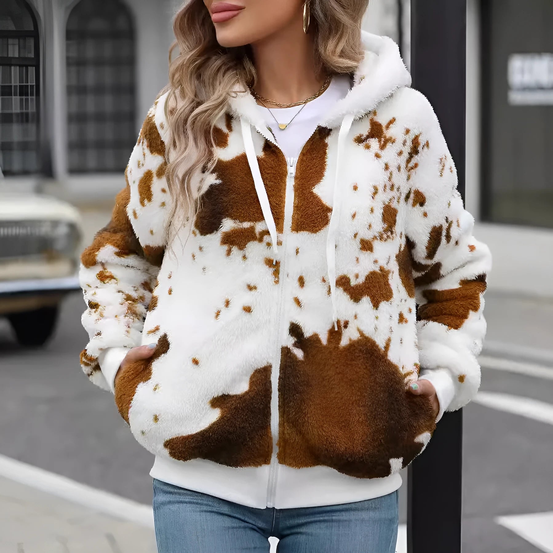 Yellow brown cow animal pattern printed cardigan jacket with hood and zip closure